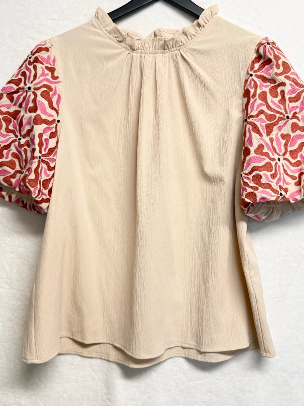 entro Cream Blouse with Pink & Red Patterned Puff Sleeves